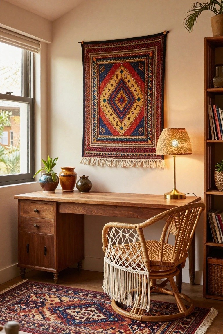 Attic room set up as an office with wooden desk, rattan chair with fringe, three ceramic vases, plants, Persian-style rug on floor, large patterned tapestry on wall, bookshelves, lamp, and window with blinds.