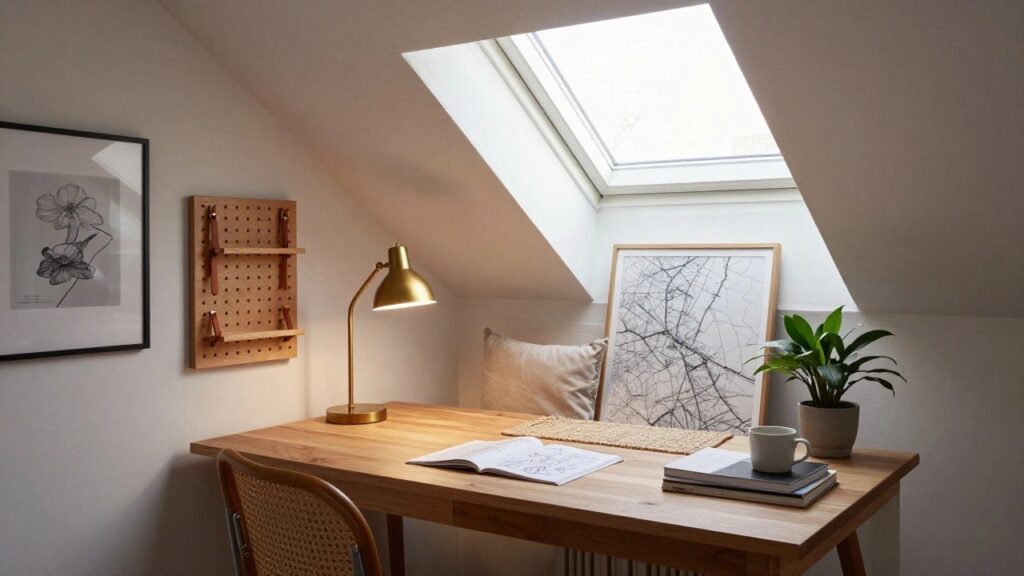 Attic office space featuring a wooden desk with drawers, rattan armchair, pegboard wall with adjustable brass lamp and hooks, framed map artwork, potted plant, mug, and skylight in sloped white ceiling.