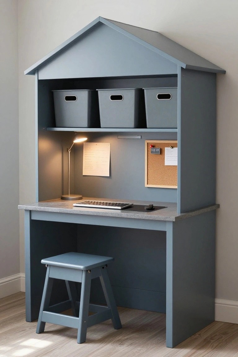 Blue wooden house-shaped desk hutch against a light wall, with gray storage bins on shelves, a desk area holding a keyboard, lamp, and mouse pad, plus a matching blue stool nearby.