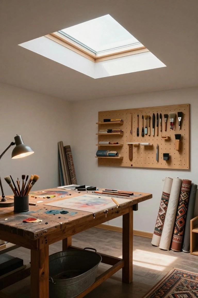 Wooden workbench in a light-filled attic room with a pegboard wall displaying brushes, tools, and jars, skylight overhead, and rolled papers leaning nearby.