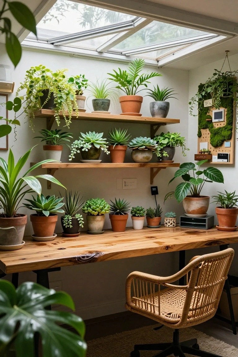Attic office with wooden desk, rattan chair, multiple shelves of potted plants, and large skylight overhead.