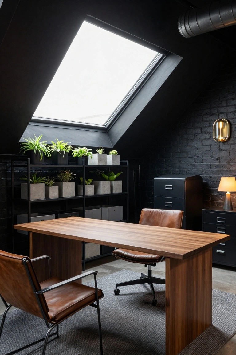 Attic office featuring dark brick walls, black metal shelving unit filled with various potted plants, wooden desk with leather chairs, black filing cabinets, desk lamp, and skylight in sloped ceiling.