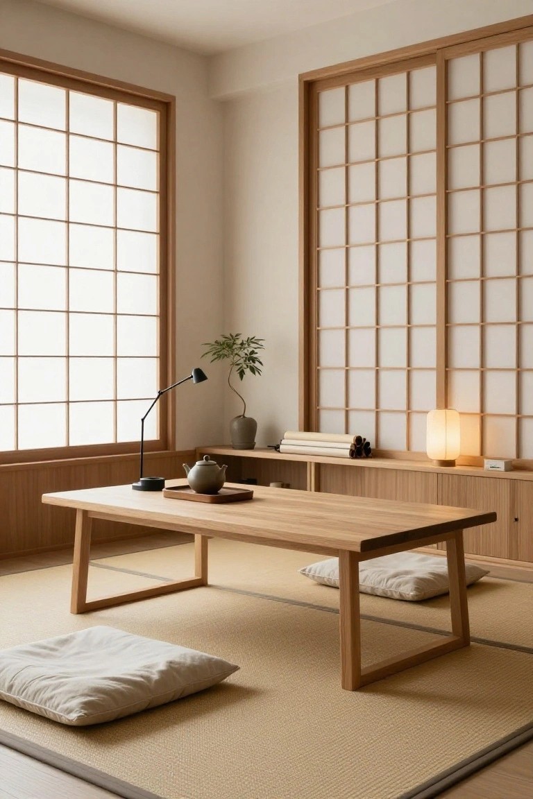 A minimalist Japanese-style interior room with tatami mat flooring, low wooden table, floor cushions, shoji screens on windows and walls, potted plants, teapot, and side lamp.