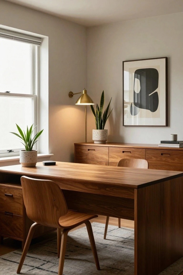 Modern wooden desk with two chairs, plants, lamp, and abstract wall art.