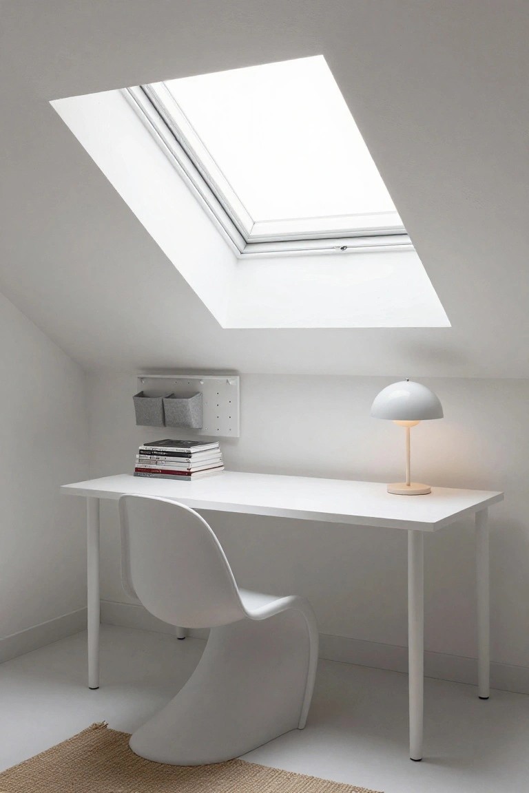 Minimalist white desk with curved chair under a skylight.