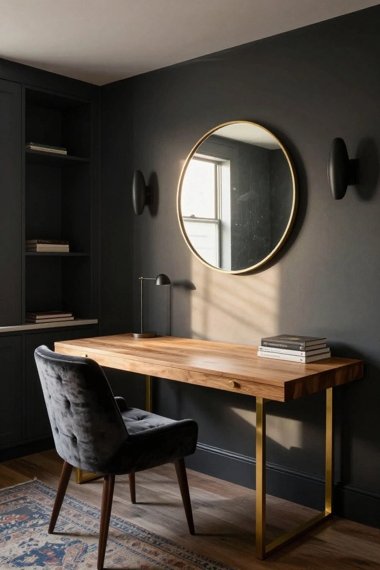 Modern wooden desk with velvet chair, round mirror, and brass accents in a dark room.