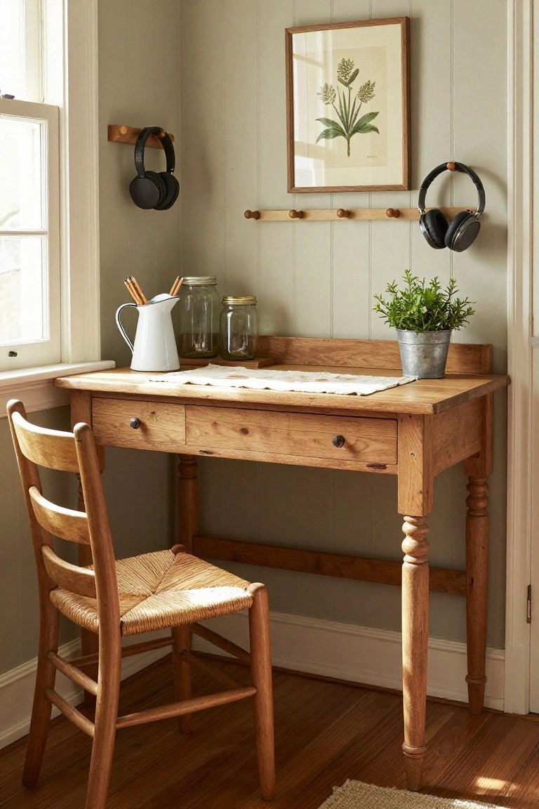 A light wood corner desk with two drawers and a woven seat chair sits beside a window in a room with pale walls, headphones on wall hooks, and a small potted plant on the desk.