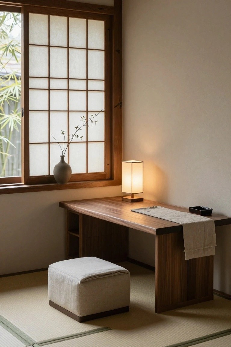 A wooden desk with a low fabric stool sits on tatami mats beside a shoji window in a minimalist Japanese-style room.