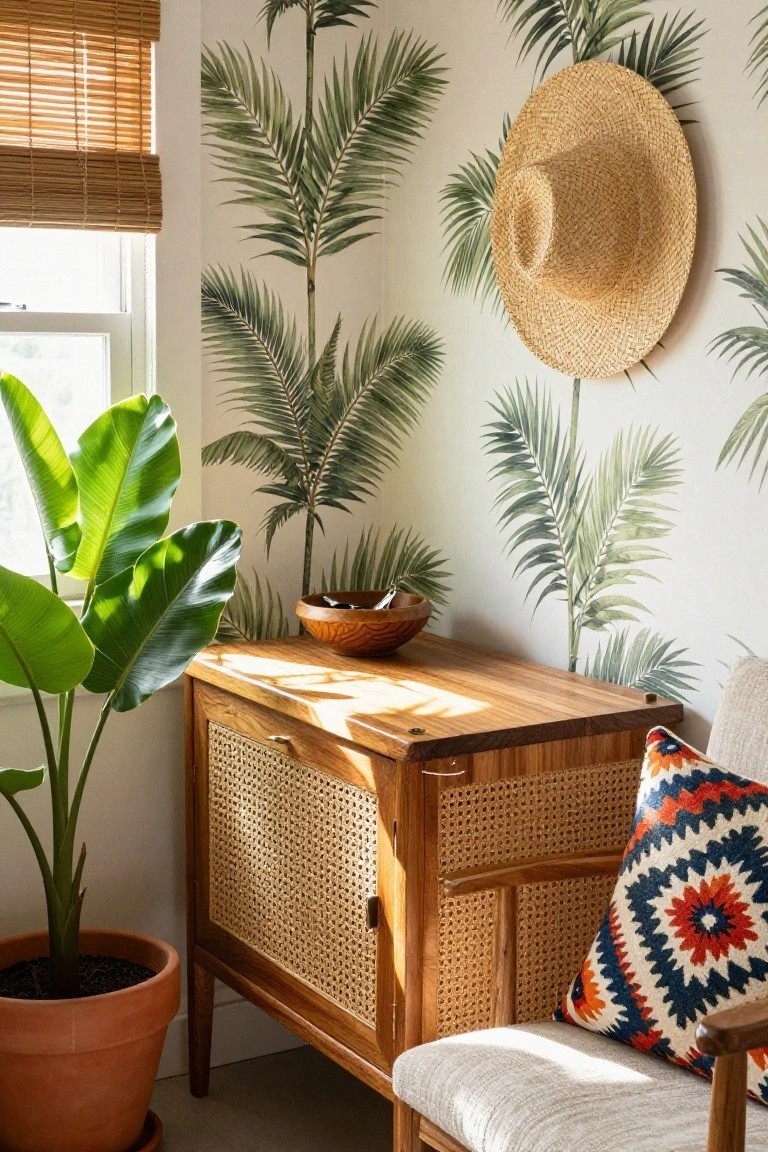 A wooden cabinet with cane doors stands in a corner beside a large potted plant, under palm leaf wallpaper with a straw hat on the wall.