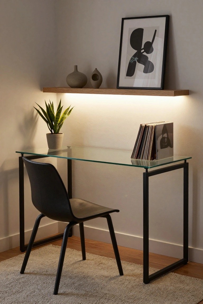 A glass corner desk with a black metal frame and matching chair sits under a wooden floating shelf lit from below, with a potted plant on the desk and a framed abstract print on the wall.