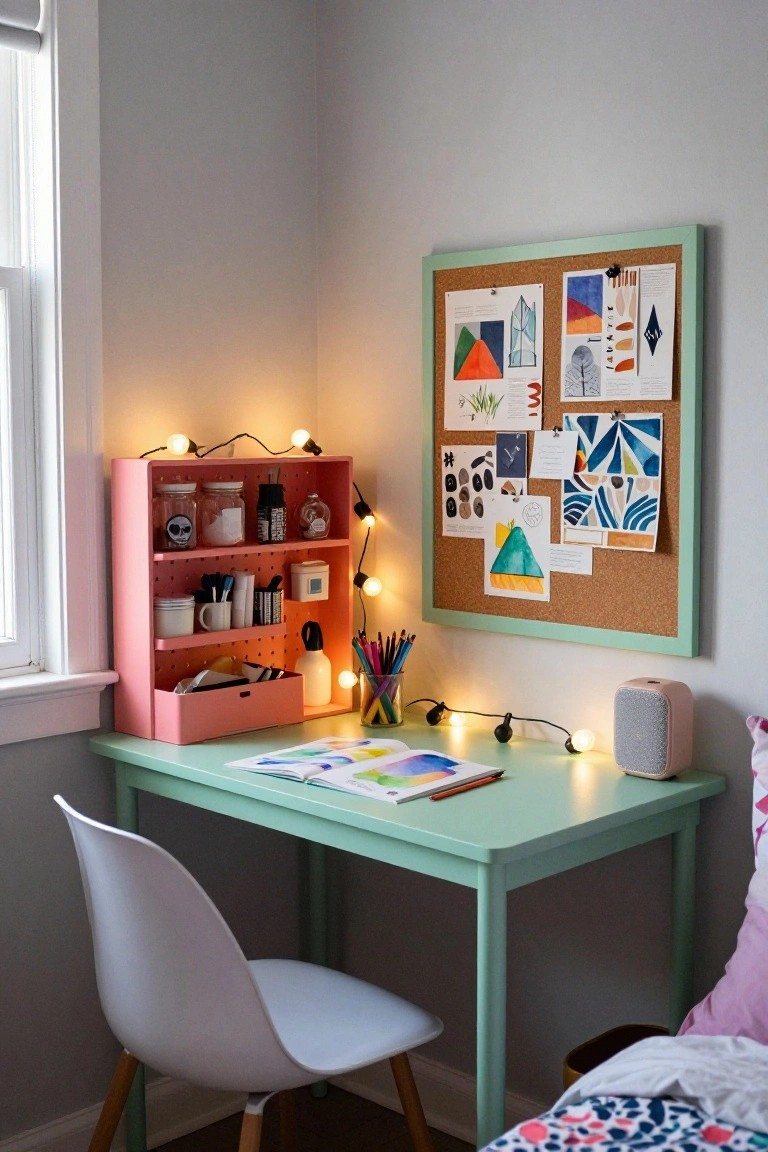 A mint green corner desk with a pink pegboard unit above it holding jars and supplies, next to a corkboard with art prints and string lights.