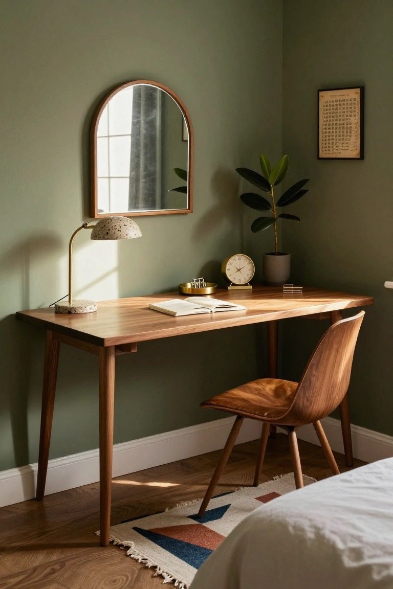 A wooden desk and chair sit in a bedroom corner beneath an arched mirror, with a desk lamp, open book, clock, and potted plant on the surface.