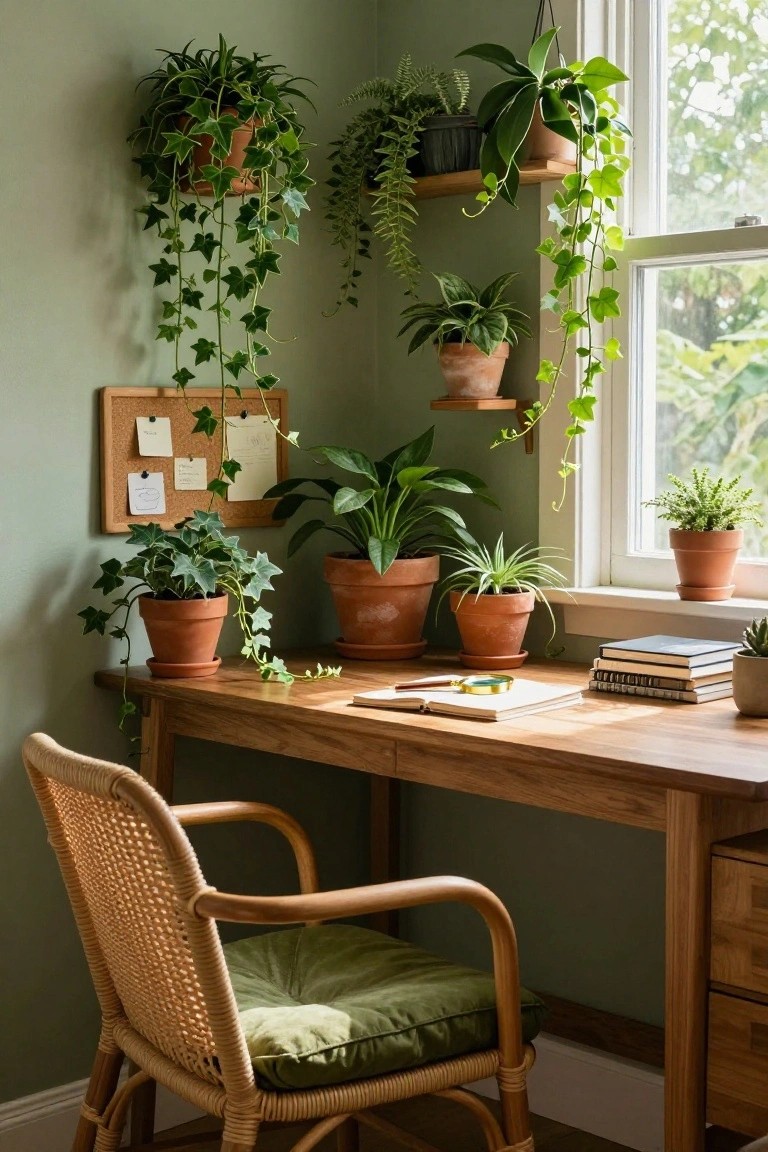 A wooden corner desk with a woven chair, an open notebook, and stacks of books, surrounded by many potted plants on the desk, shelves, and hanging from the wall near a window.