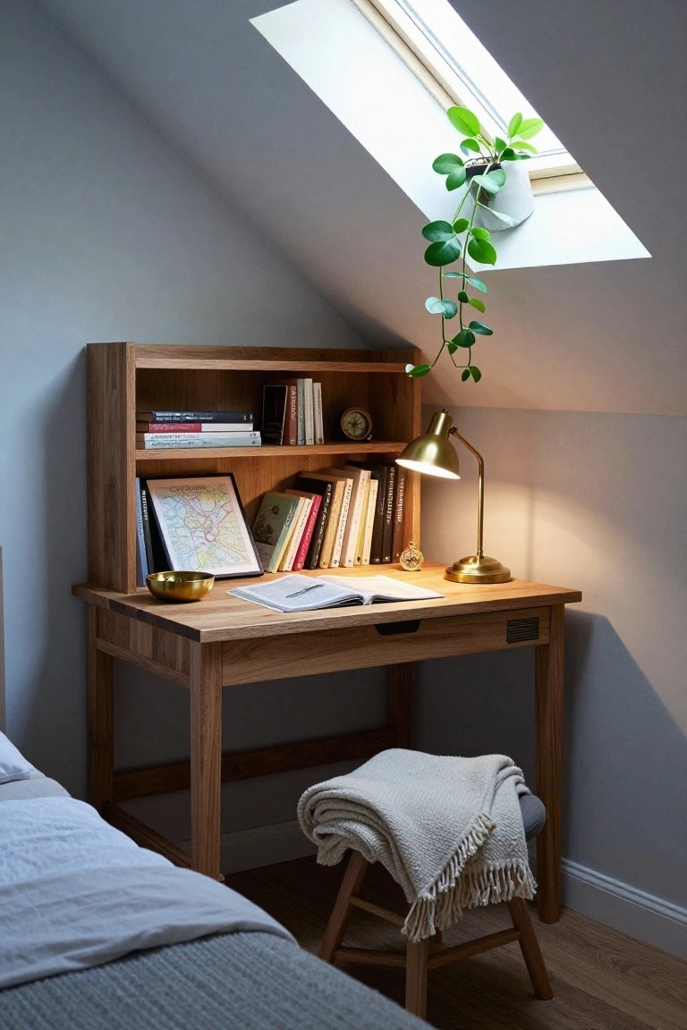 Wooden desk with books, lamp, and plant under skylight.