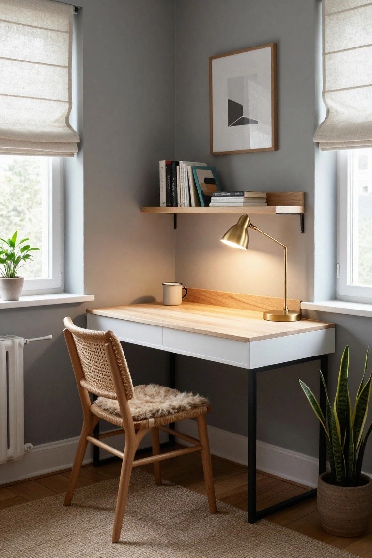 Modern home office desk with wooden chair, brass lamp, and floating shelf.
