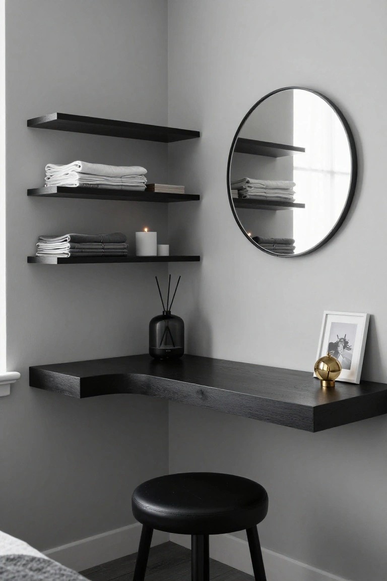 A dark floating corner desk with black wall shelves holding folded towels and linens sits in a gray bedroom corner next to a round mirror and black stool.