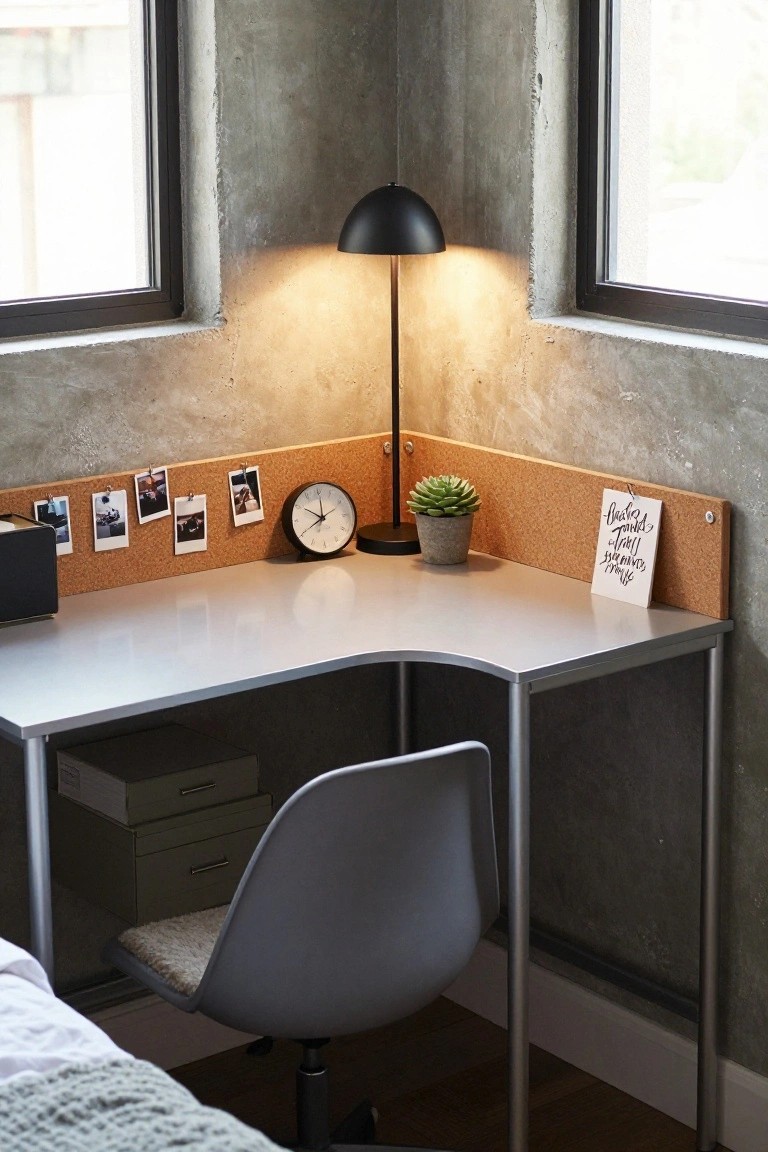 A curved corner desk with a gray top and metal legs sits in a bedroom corner, with storage drawers underneath, a gray chair in front, and a corkboard on the wall holding photos, a clock, a plant, and a note card.