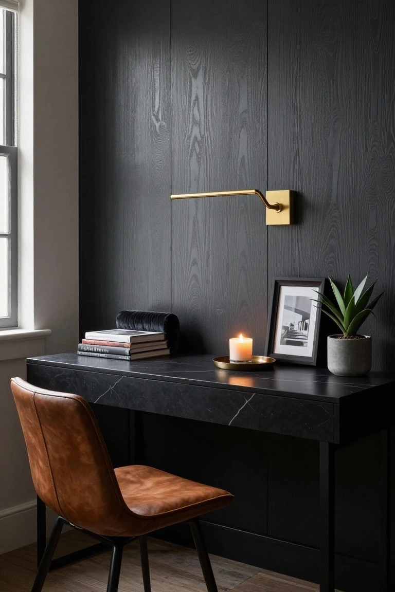 A corner desk with a black marble top sits against dark wood paneling, paired with a brown leather chair, a wall-mounted light, stacked books, a lit candle, and a small potted plant.