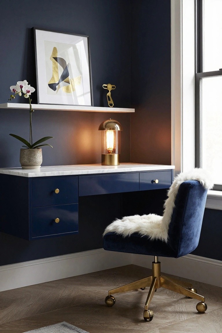 Modern navy blue desk with marble top, velvet chair, and gold accents.