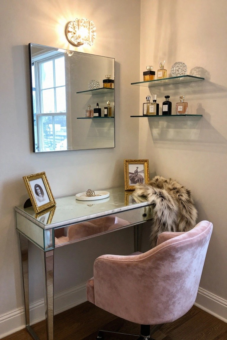 A bedroom corner with a mirrored vanity desk, pink velvet swivel chair, large wall mirror, and floating glass shelves holding perfume bottles.