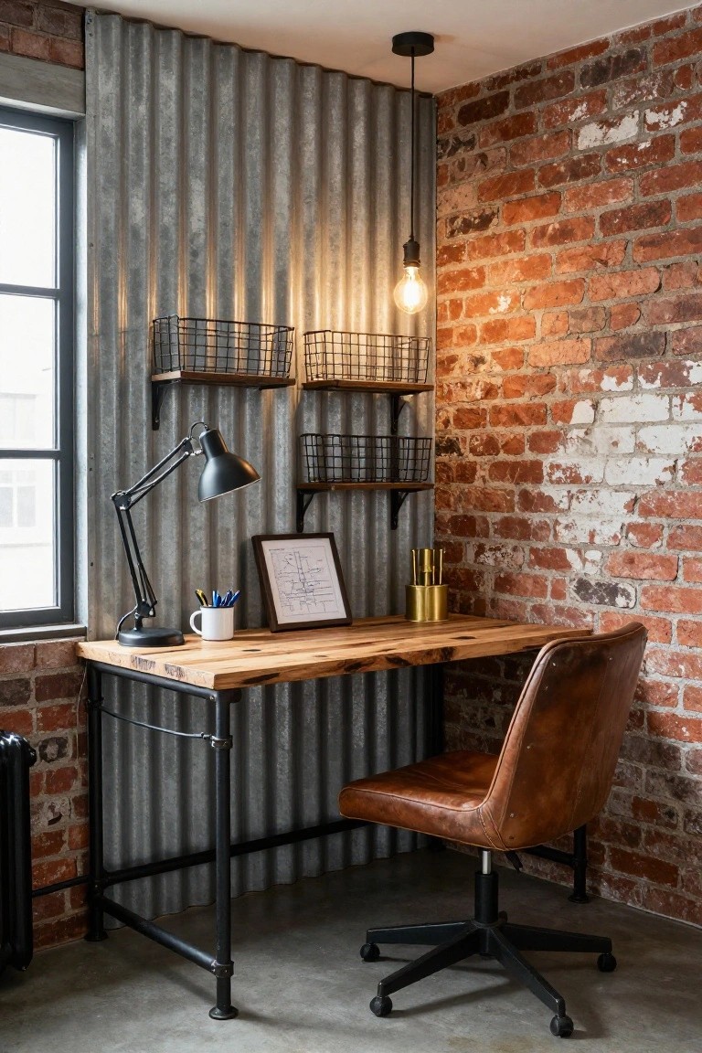 A wooden desk with black metal legs sits against a corrugated metal wall, paired with a brown leather office chair, a black desk lamp, and wall-mounted wire baskets.