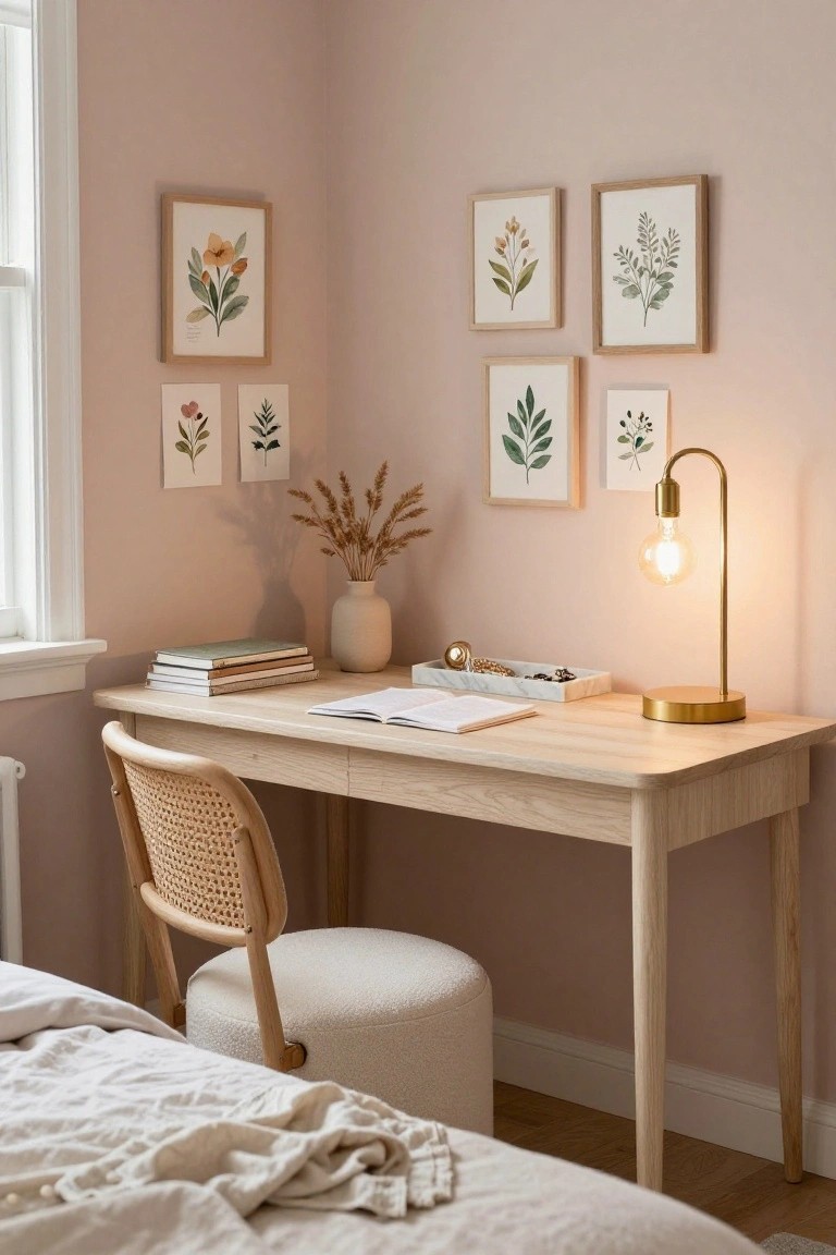 A light wood desk in a corner with a woven chair, open book, brass lamp, and botanical prints on soft pink walls.