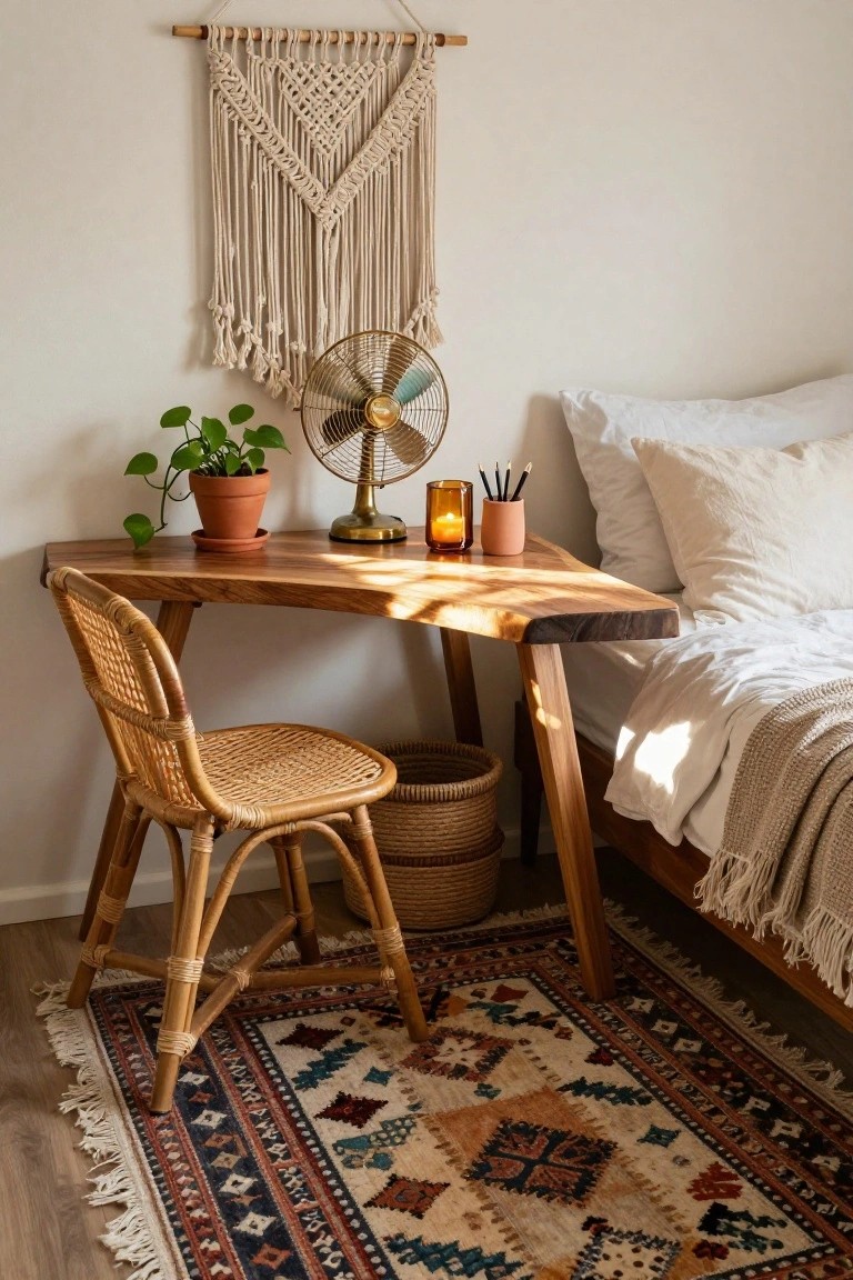 A wooden corner desk with a rattan chair is placed in a bedroom next to a bed, with a macrame wall hanging above and a small fan and plant on the desk surface.