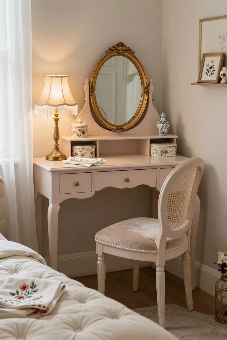 A light pink vanity desk with an ornate gold mirror sits in a bedroom corner next to a cushioned chair, with a lamp and decorative boxes on the surface.