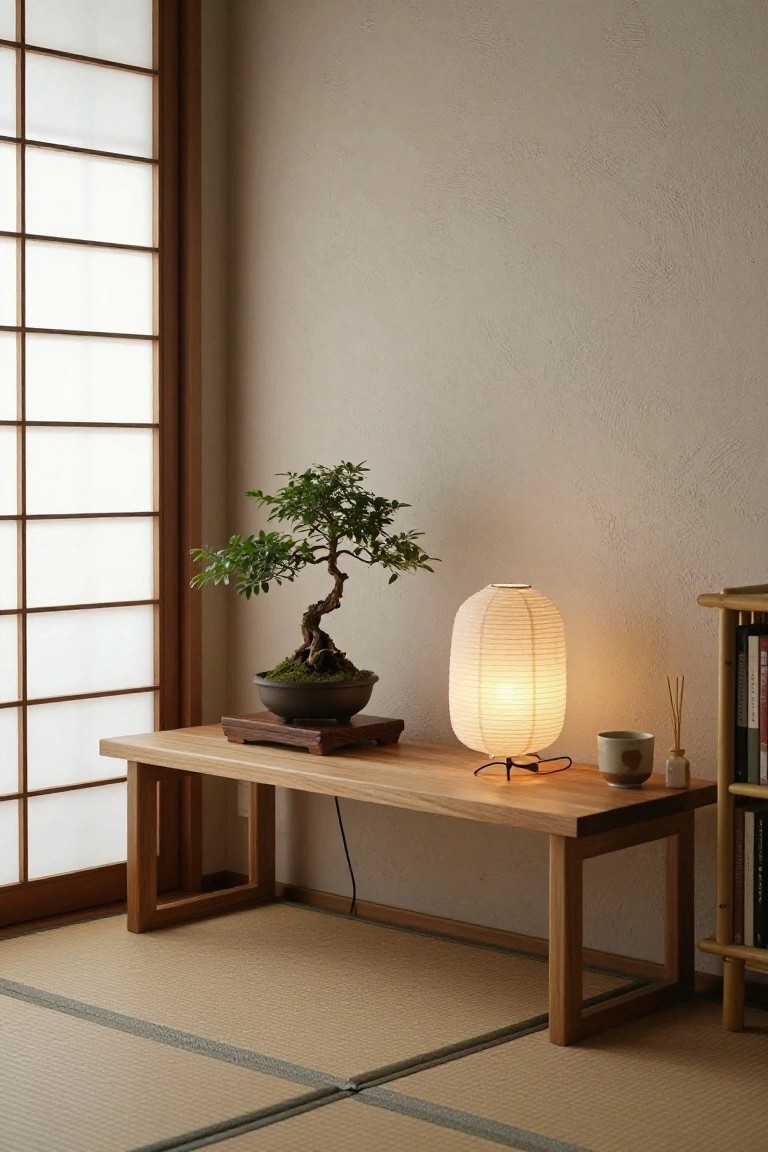 Japanese-style interior with shoji screen window, bonsai tree in black pot on wooden stand atop low bench, white paper lantern lamp, small ceramic cup, incense holder, books on nearby shelf, and tatami floor.