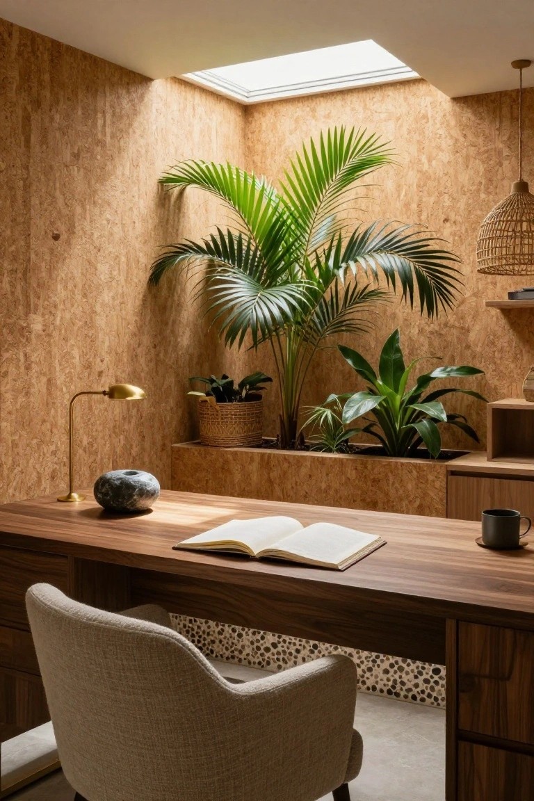 Home office with textured cork walls, wooden desk featuring integrated planters with various indoor plants including a tall palm, open book and mug on desk, gold desk lamp, woven basket, and beige upholstered chair.