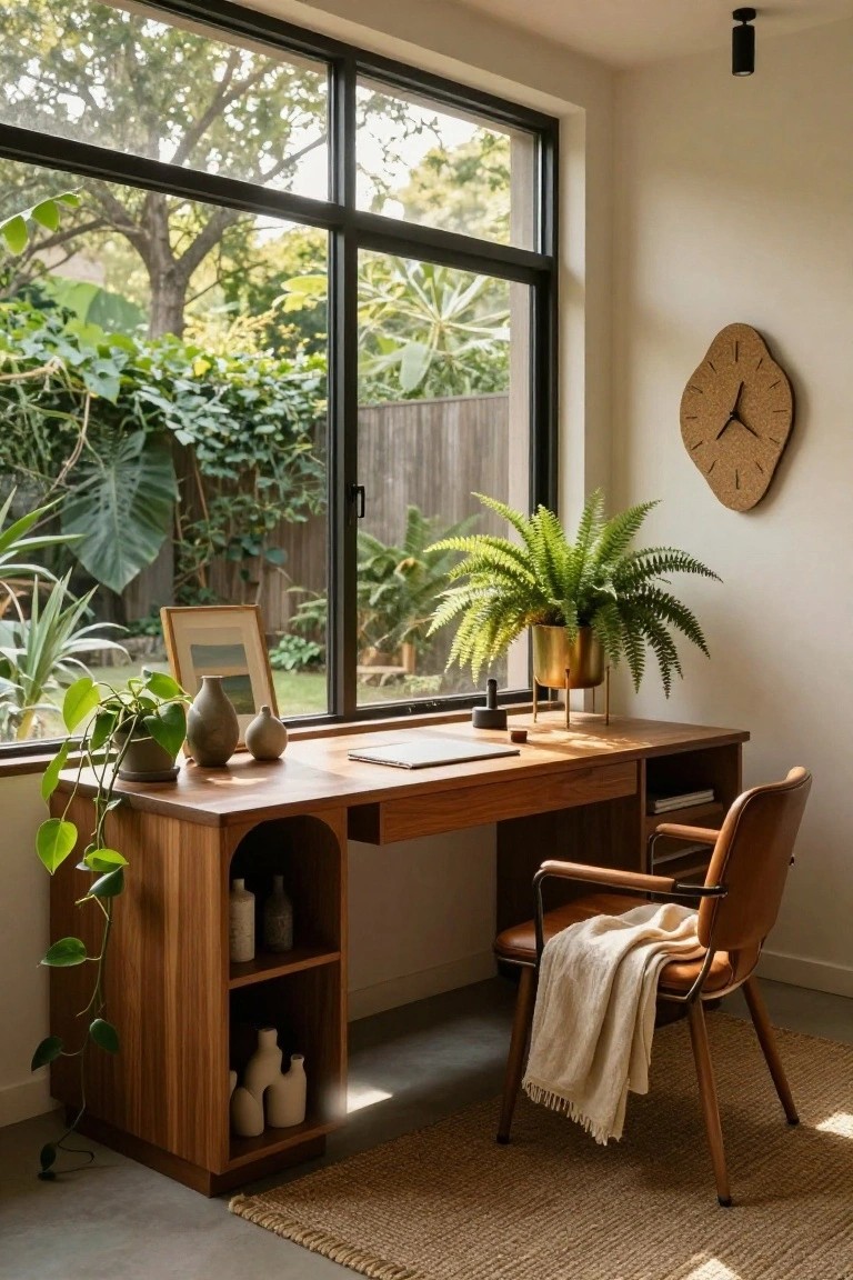 Wooden desk with plants, vases, and a notebook positioned next to large black-framed windows overlooking a lush garden, with a leather chair, wall clock, and potted ferns in a light-filled room.
