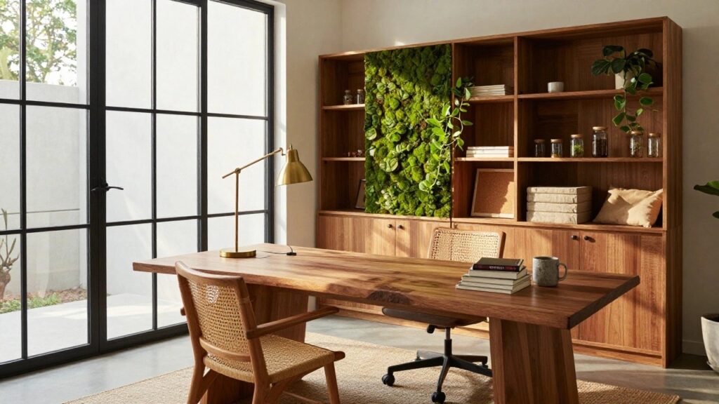 20 Biophilic Office Design Ideas for Nature Lovers Home office with wooden desk and rattan chairs on a seagrass rug, brass desk lamp, indoor plants, wooden shelves holding jars and ceramics, and a large black-framed sliding glass door revealing a garden view next to an interior living green wall.