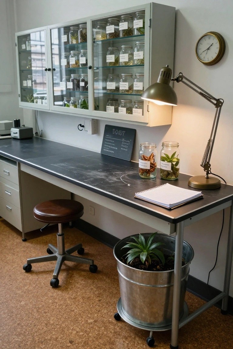 White metal glass-front cabinets filled with labeled jars of plants, herbs, and botanicals above a black metal lab-style desk in a workspace with a desk lamp, stool, notepad, and metal bucket planter.