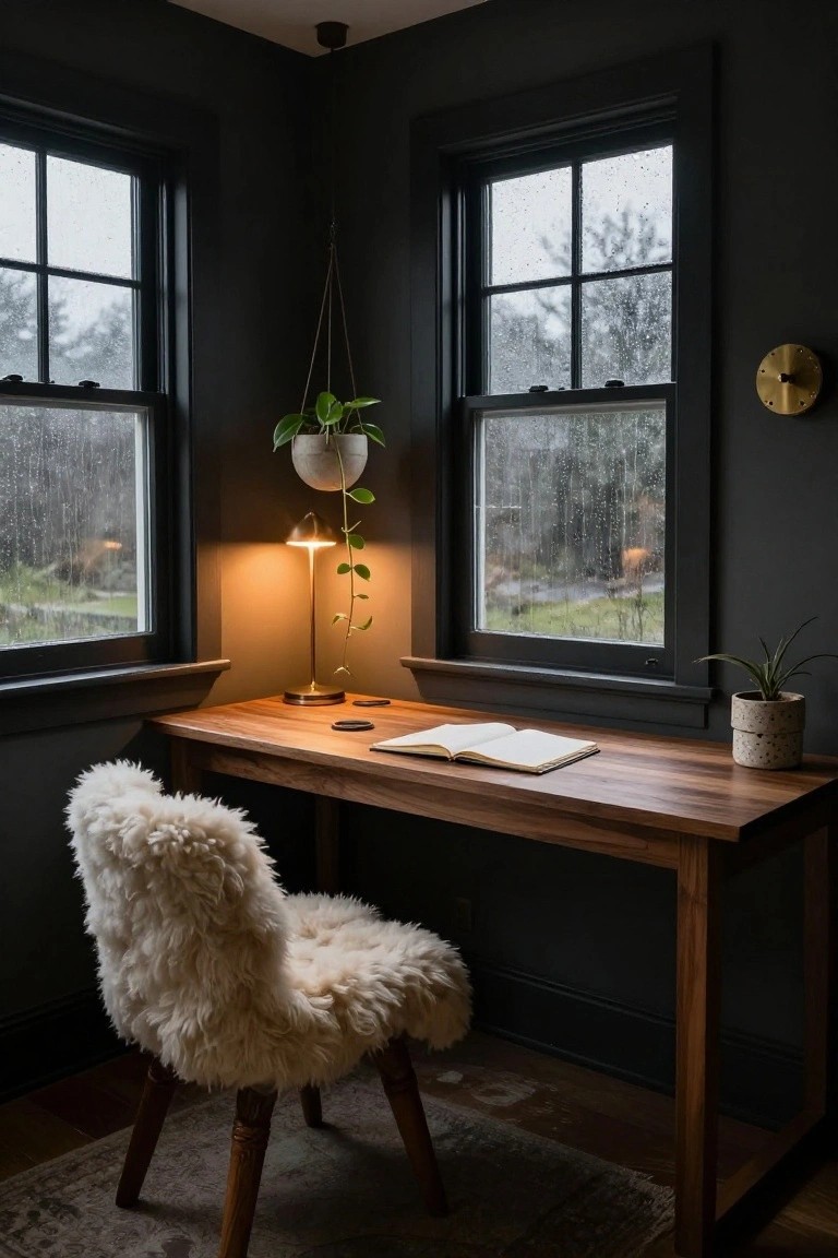 Corner home office with dark walls, two large rainy windows overlooking greenery, wooden desk holding an open notebook and lamp, suspended trailing plant, potted plants, gold wall clock, and white fluffy chair.
