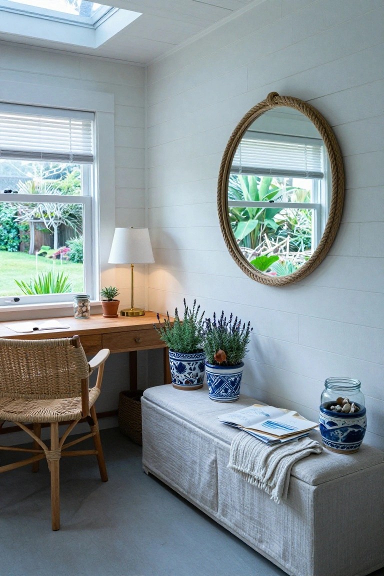 Cozy room with wooden desk, woven chair, blue-patterned pots, and round rope mirror.