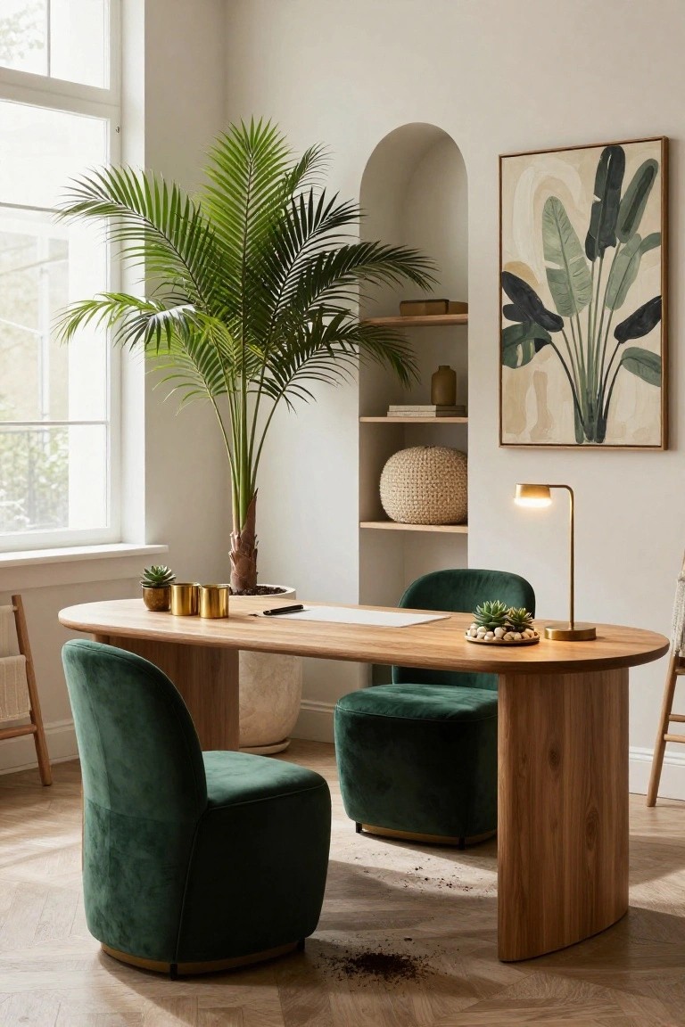 Light-filled home office interior with curved oak desk, two green velvet chairs, tall potted palm tree in corner, succulents on desk, gold desk lamp, and abstract leaf painting above arched niche shelves.