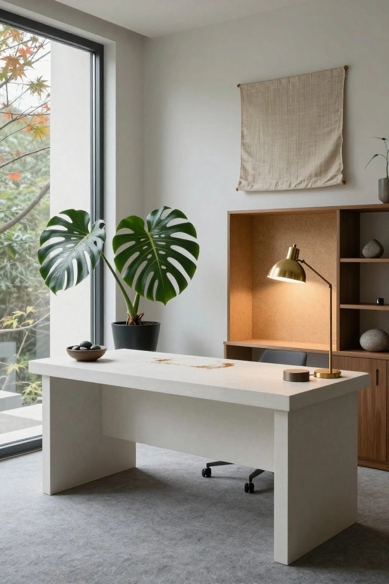 Modern minimalist office with white desk, swivel chair, two large monstera plants in black pots near a window with autumn trees outside, wooden shelving unit with gold lamp, beige wall hanging, and gray carpet floor.