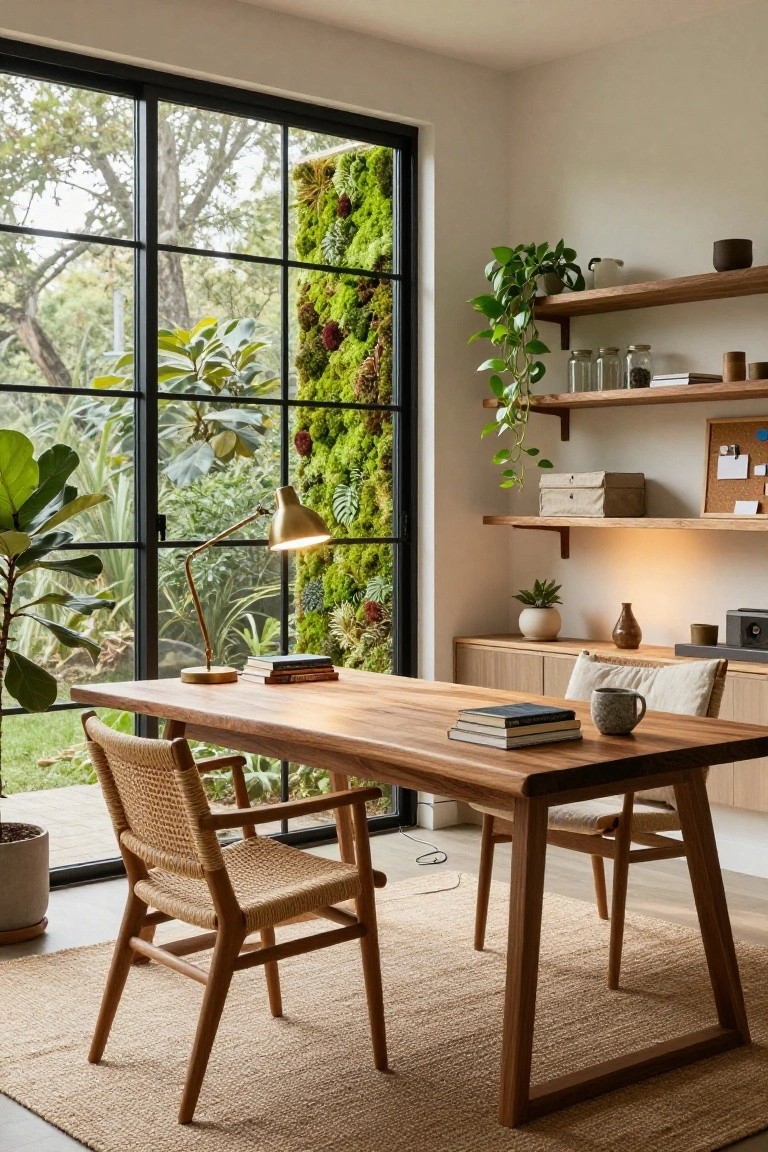 Home office with wooden desk and rattan chairs on a seagrass rug, brass desk lamp, indoor plants, wooden shelves holding jars and ceramics, and a large black-framed sliding glass door revealing a garden view next to an interior living green wall.