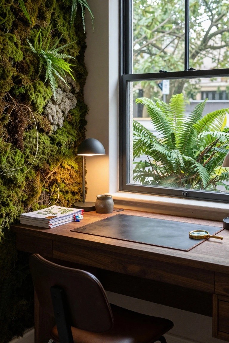 Wooden desk with leather pad, magnifying glass, lamp, books, and ceramic pot in a room featuring a tall moss and fern living wall beside a black-framed window showing outdoor ferns and trees.