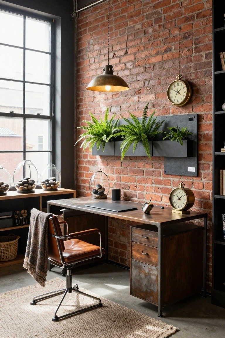 Industrial home office with exposed brick walls, wall-mounted black trough filled with ferns, wooden desk on metal legs, brown leather chair, glass jars with stones, and gold clocks on shelves and desk.