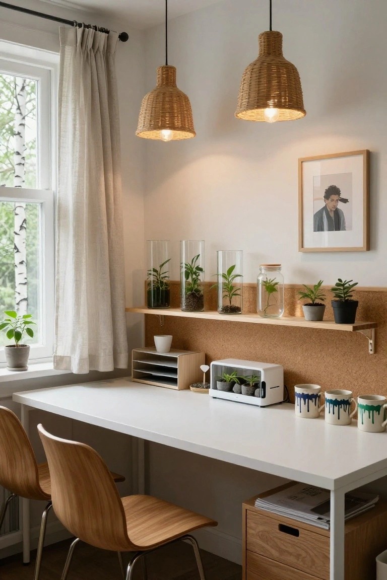 A home office corner with a white desk, two wooden chairs, cork-backed wooden shelves holding multiple potted plants in glass containers and jars, rattan pendant lights, and a window with sheer curtains showing trees outside.
