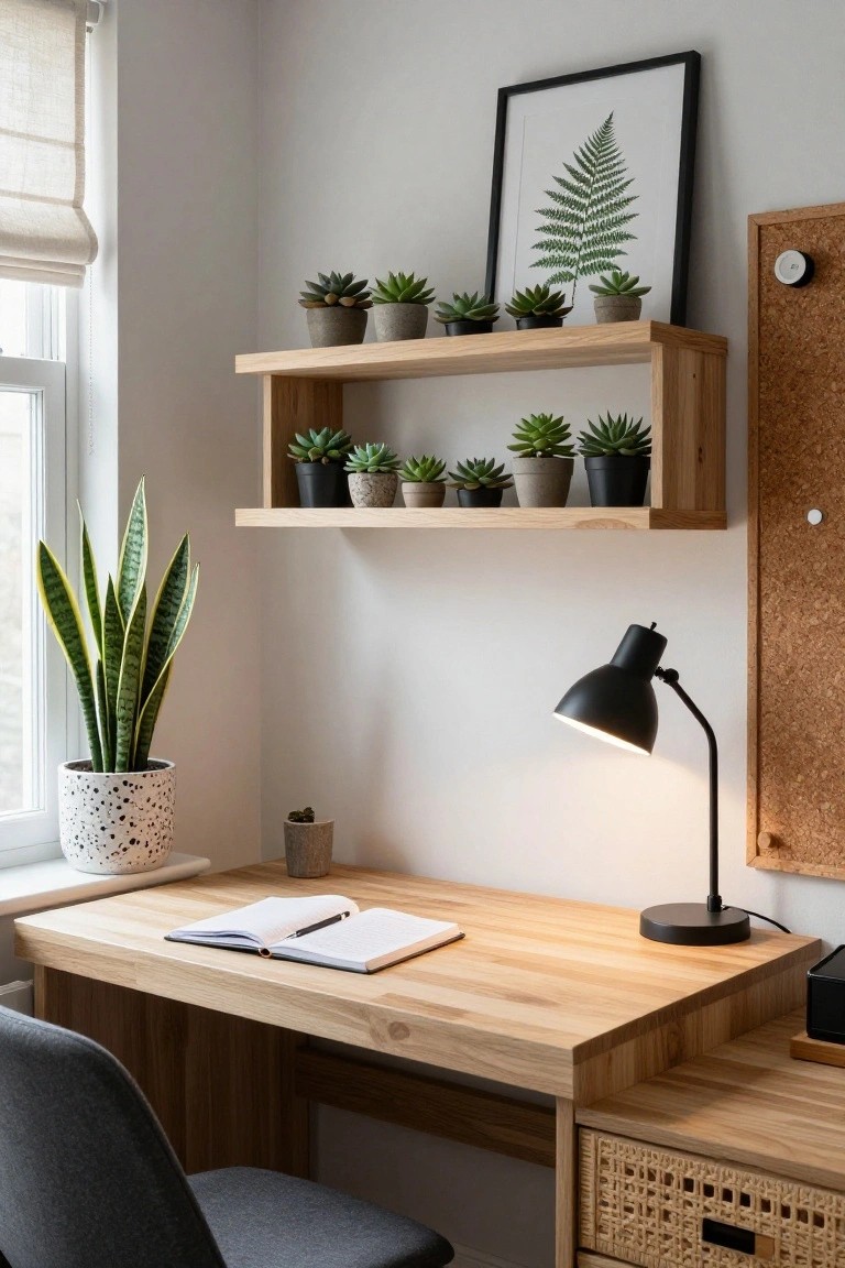 Home office with light wood desk holding an open notebook and pen, gray chair, black desk lamp, floating wooden shelves above loaded with potted succulents, snake plant in polka dot pot on floor, corkboard on wall, and fern art in black frame.