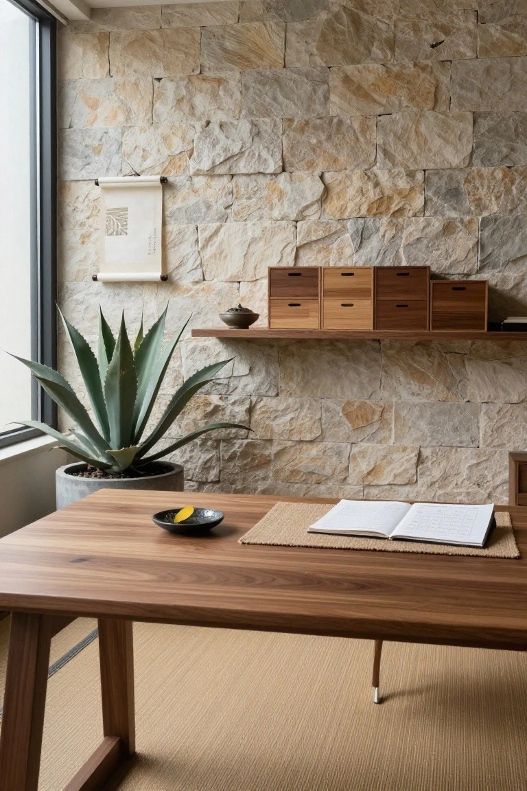 Home office featuring a textured beige stone accent wall, wooden desk with open notebook and small dishes, wooden storage boxes on floating shelves, large potted agave plant, and large window.