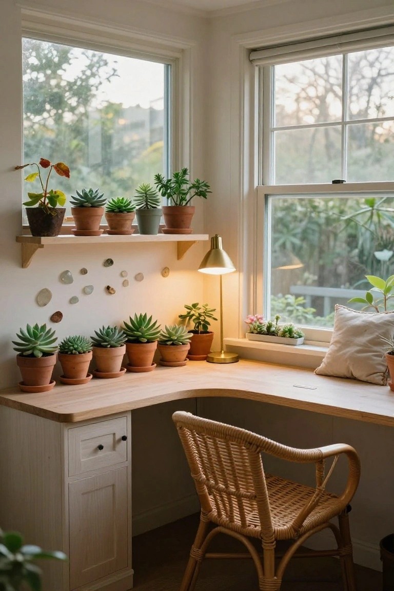 Corner wooden desk in a light room with floating shelves above holding multiple potted succulents, a desk lamp, pillows, and large windows showing trees outside.