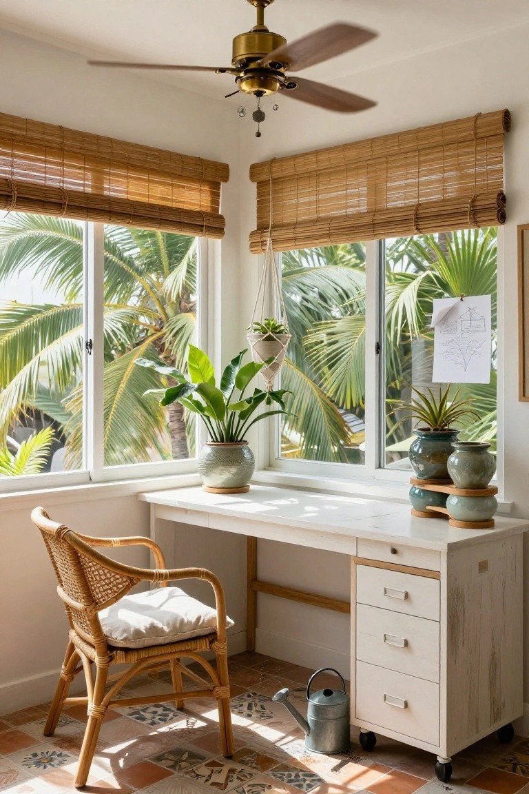 Bright corner home office with white desk, rattan armchair, potted plants on windowsills and hanging, bamboo blinds on large windows showing palm trees outside, ceiling fan above, and tiled floor.