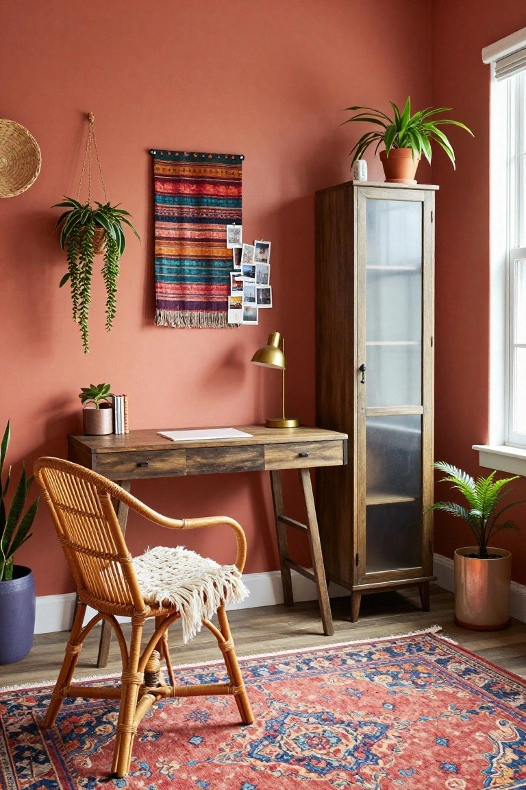 Rustic wooden desk and woven chair against terracotta wall with plants.