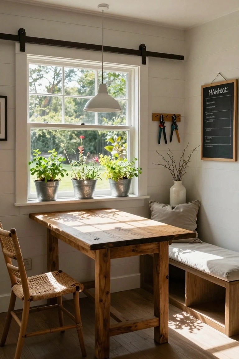 Small indoor office nook with wooden table and bench, rattan chair, large window sills holding plants in galvanized metal buckets, pendant light overhead, and tools on a wall rack.