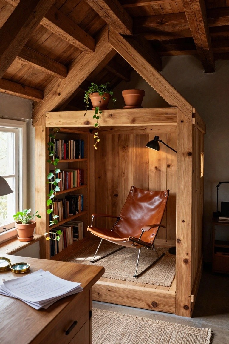 Wooden cabin-like structure inside a room featuring built-in bookshelves, orange leather armchair, potted plants, desk with papers, and natural light from a window.