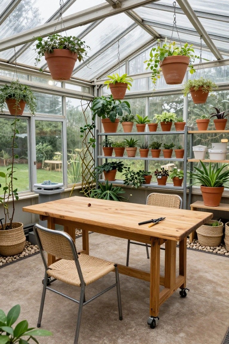 Wooden worktable with two chairs and pruning shears in a glass greenhouse filled with potted plants on metal shelves and hanging from the ceiling, with windows showing a garden outside.