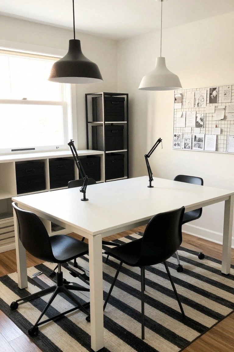 Home office with white square table, two black chairs, two boom arm microphones on desk, black cube shelves, corkboard with notes on wall, black and white striped rug on wood floor, two pendant lights above.